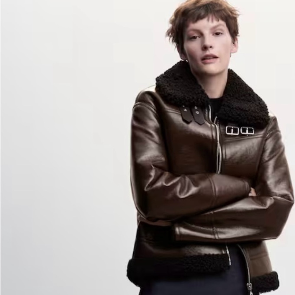 Mango Dark Brown Shearling-Trim Leather Jacket